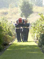 Sgt Carmichaels coffin on route to his final resting place, borne by personnel from the Royal Air Force Regiments Queens Colour Squadron